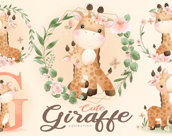Ensemble mignon de clipart de girafe avec l’illustration d’aquarelle