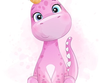 Doodle Girly Dinosaurs digital clipart with watercolor illustration. Digital Download in PNG, JPG & EPS format.