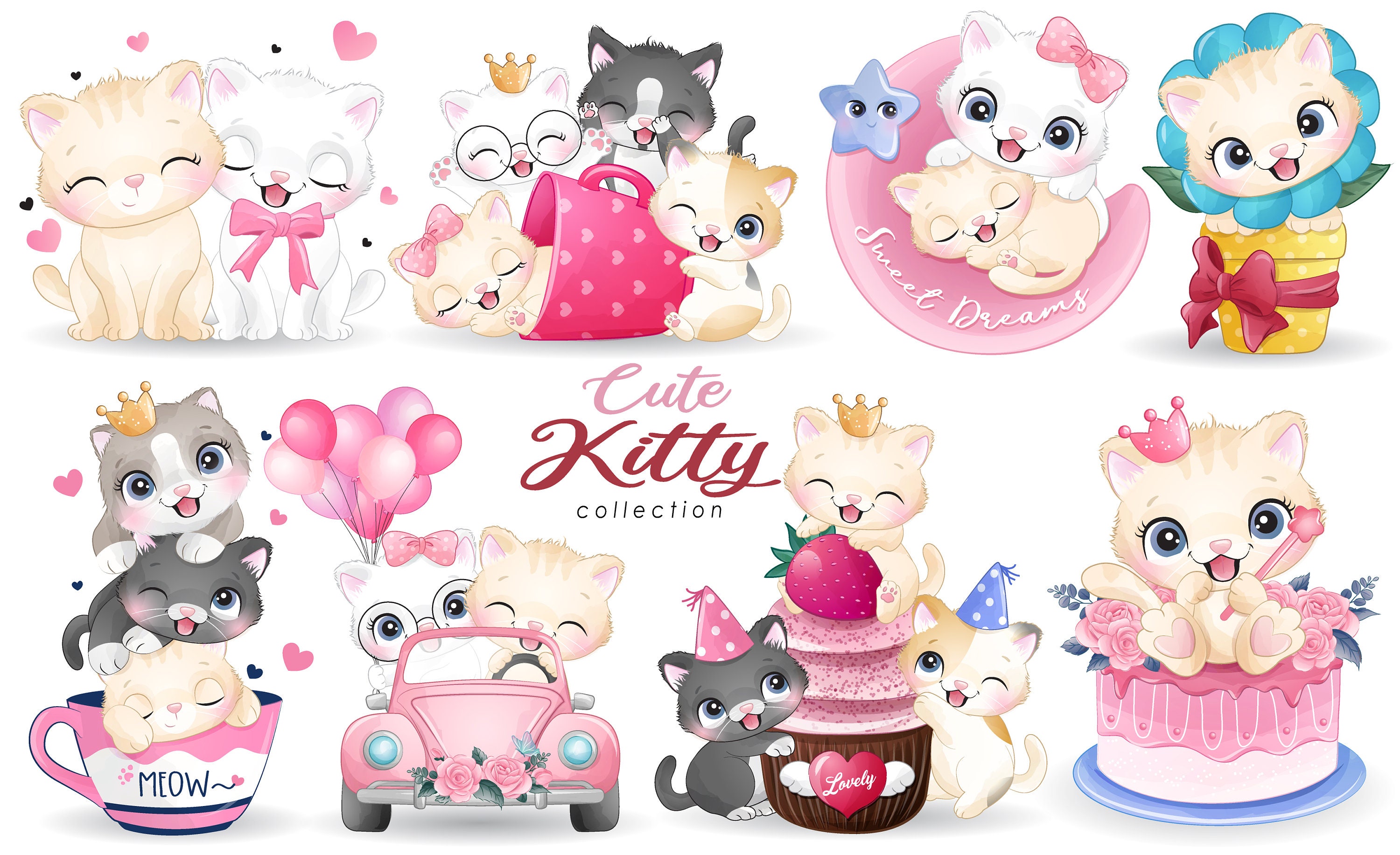 Cute Kitty Clipart Set With Watercolor Illustration - Etsy