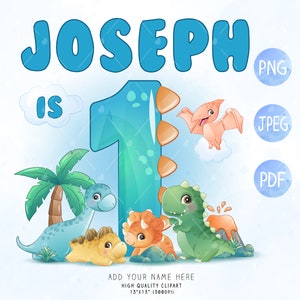 愛らしい恐竜の男の子の誕生日の数字 1 のカスタム名デジタル クリップアート、PNG、JPEG、PDF 形式。