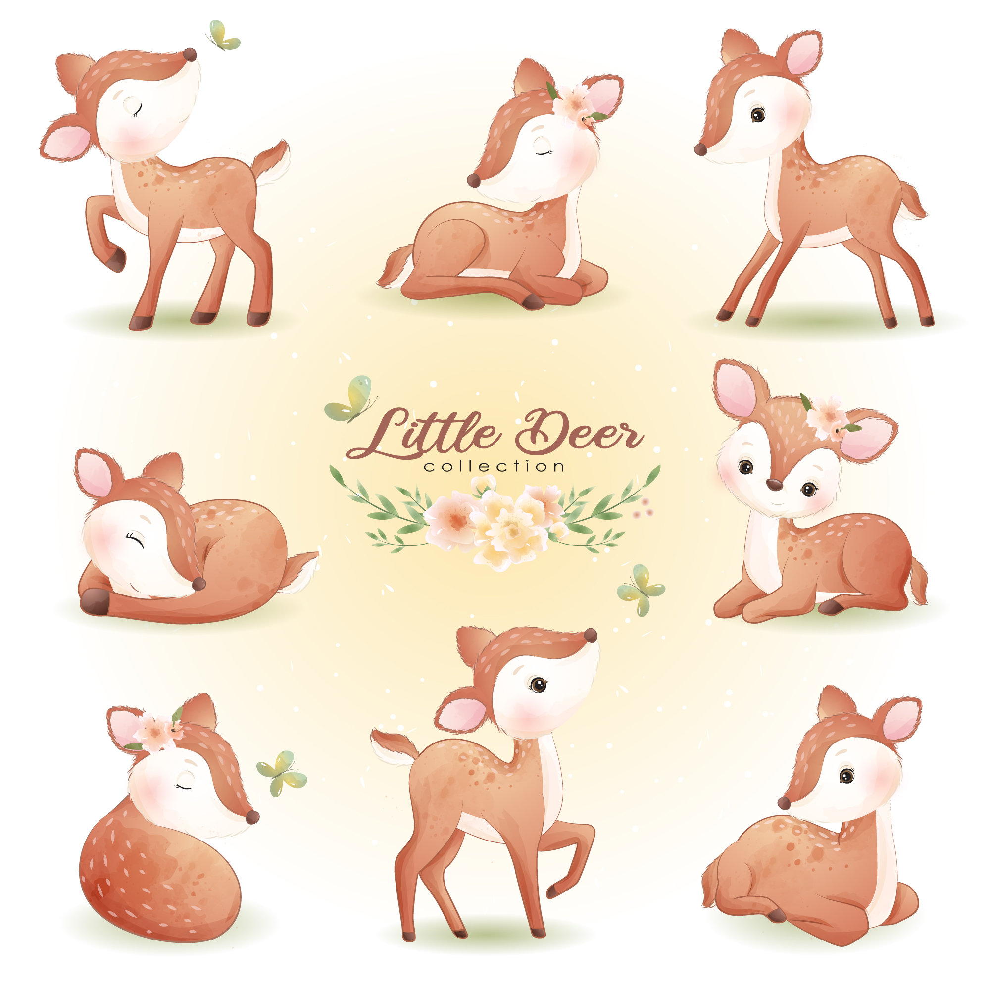 Cute Little deer poses clipart with watercolor illustration