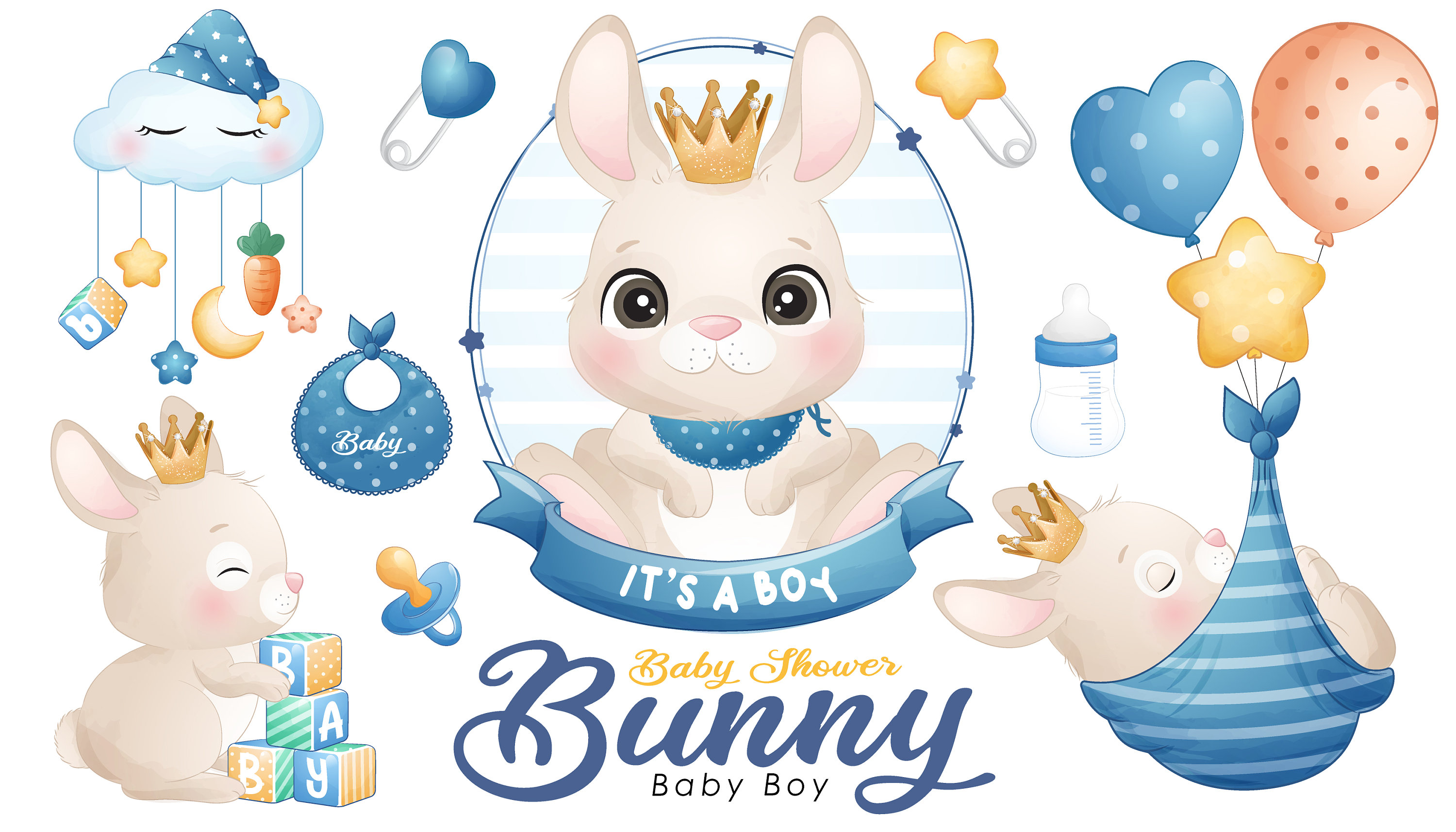 Cute doodle bunny baby shower digital clipart collection Etsy