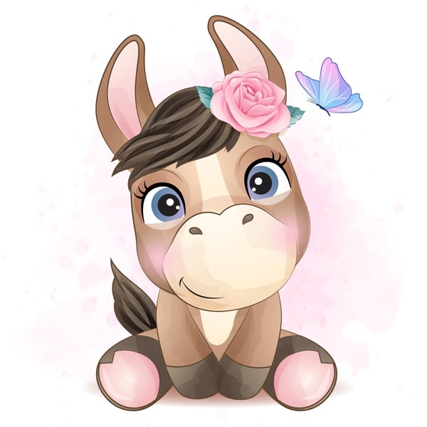 Cute horse clipart with watercolor illustration