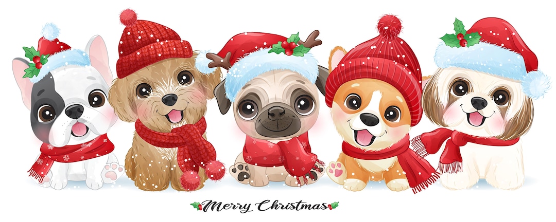 Cute Dogs for Merry Christmas Clipart With Watercolor Illustration - Etsy