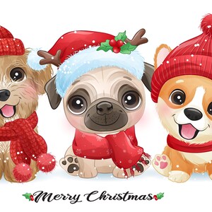 Süße Hunde für fröhliche Weihnachten Clipart mit Aquarell-Illustration