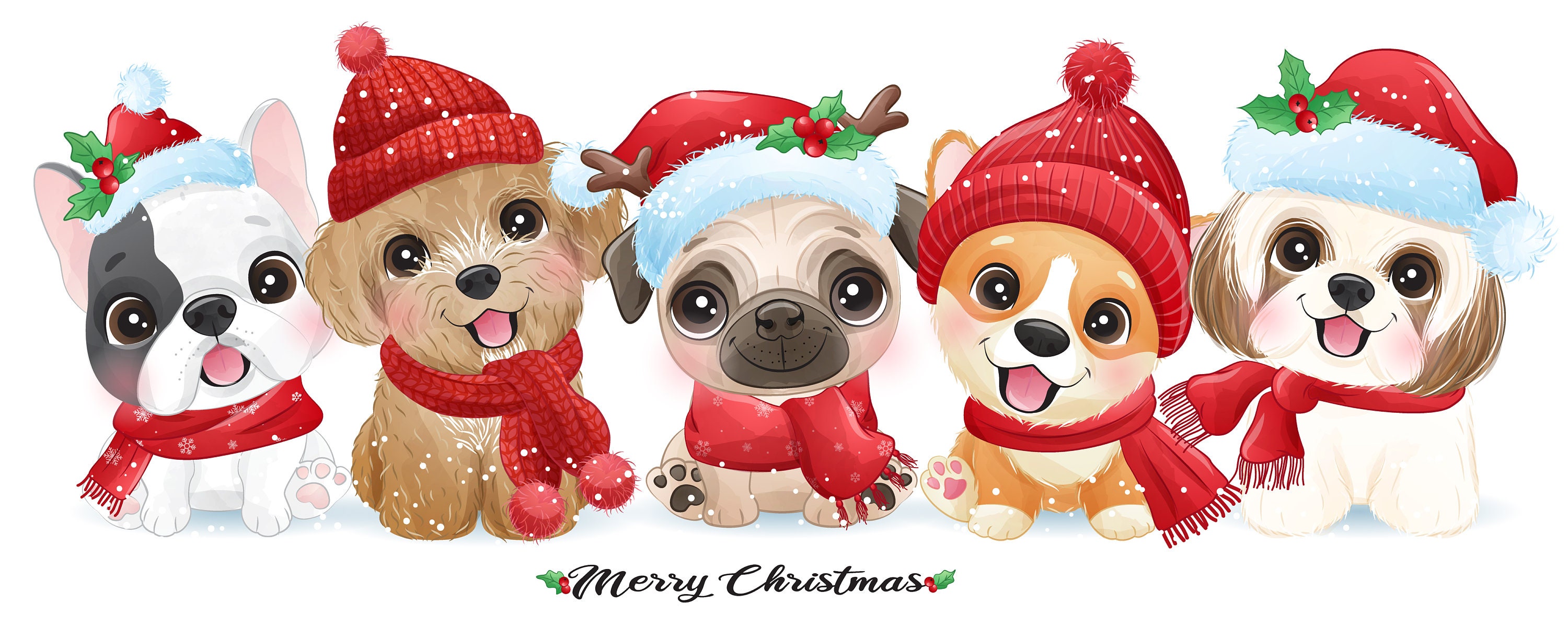 Cute dogs for merry christmas clipart with watercolor illustration