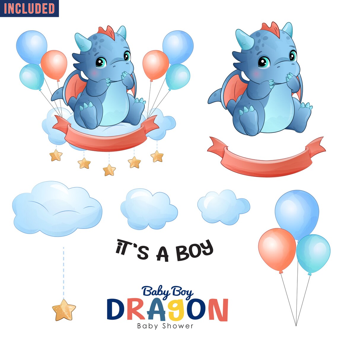 Cute Doodle Baby Boy Dragon Sitting in the Cloud Digital Etsy