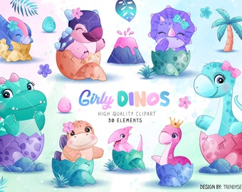 Doodle girly newborn dinosaurs clipart with watercolor illustration collection. Digital Download in PNG, JPG & EPS format.