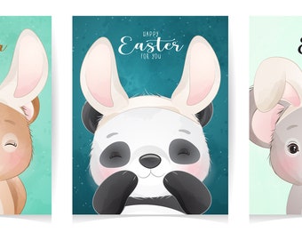 Cute animals for easter clipart set with watercolor illustration