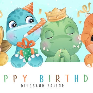 Dinossauro fofo para clipart de festa de aniversário com ilustração aquarela