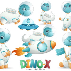 Lindo astronauta dinosaurio posa colección de imágenes prediseñadas digitales.
