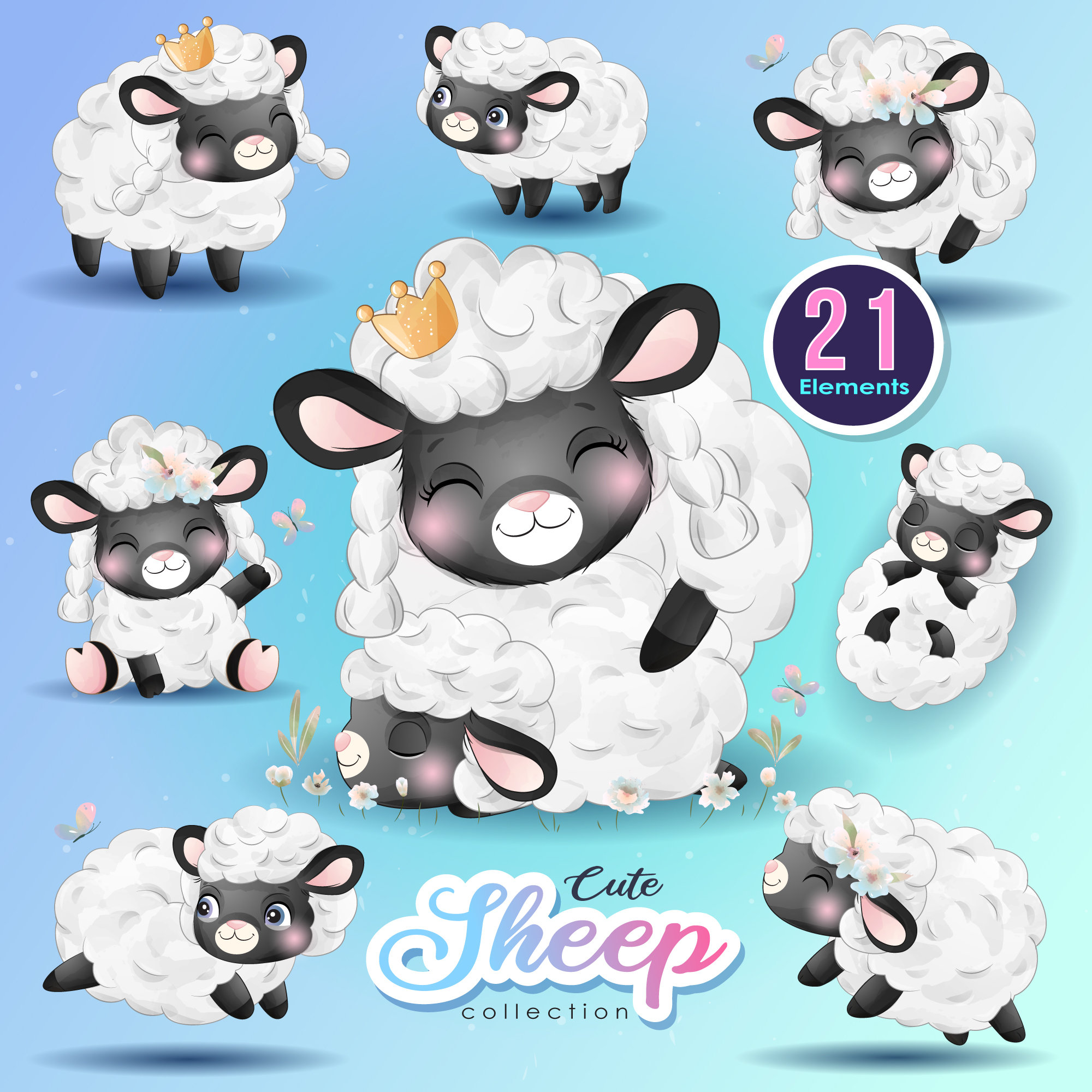Doodle Valais Blacknose Sheep Digital Clipart Collection. Digital