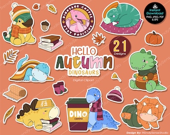 Doodle dinosaurs autumn collection digital clipart bundle, Sticker Style, Digital Download in PNG, Jpeg, Pdf & EPS format.