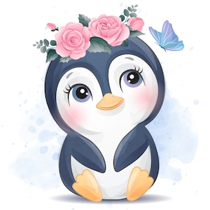Linda imagen prediseñada de pingüinos con ilustración en acuarela
