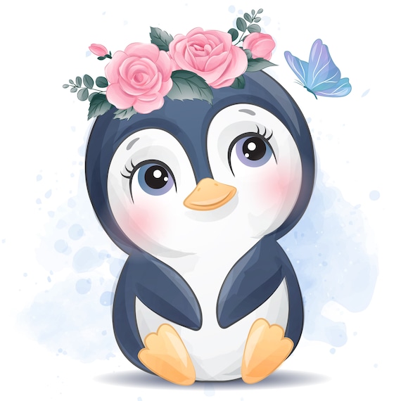 Cute penguin clipart with watercolor illustration Etsy