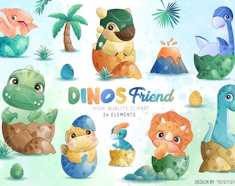 Doodle Newborn Dinosaurs digital clipart with watercolor illustration collection. Digital Download in PNG, JPG & EPS format.