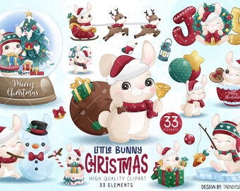 Adorable Little Bunny Christmas digital clipart watercolor illustration collection. Digital Download in PNG, JPG & EPS format.