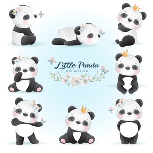 De leuke Kleine Panda stelt clipart met aquarelillustratie