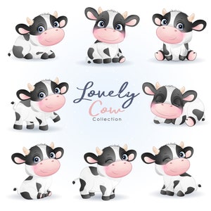 Jolies poses de clipart de vache griffonnage avec ensemble d’illustrations à l’aquarelle
