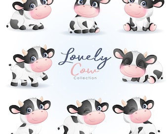 Cute doodle cow clipart poses with watercolor illustration set