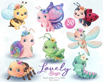 Adorable lovely bugs with floral digital clipart watercolor illustration collection. Digital Download in PNG, JPG & EPS format.