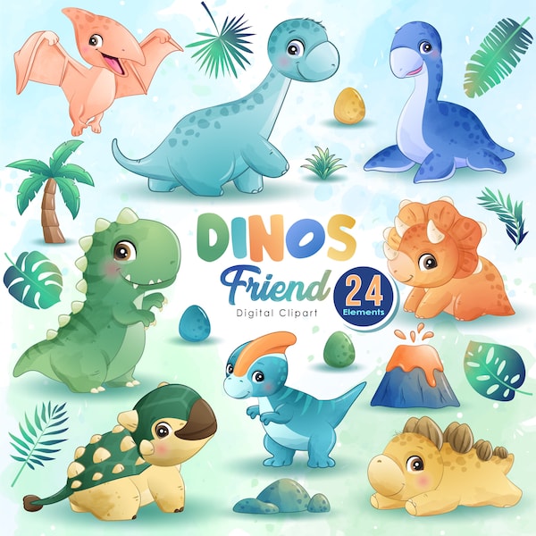 Doodle dinosaurio amigos imágenes prediseñadas digitales con colección de ilustración de acuarela