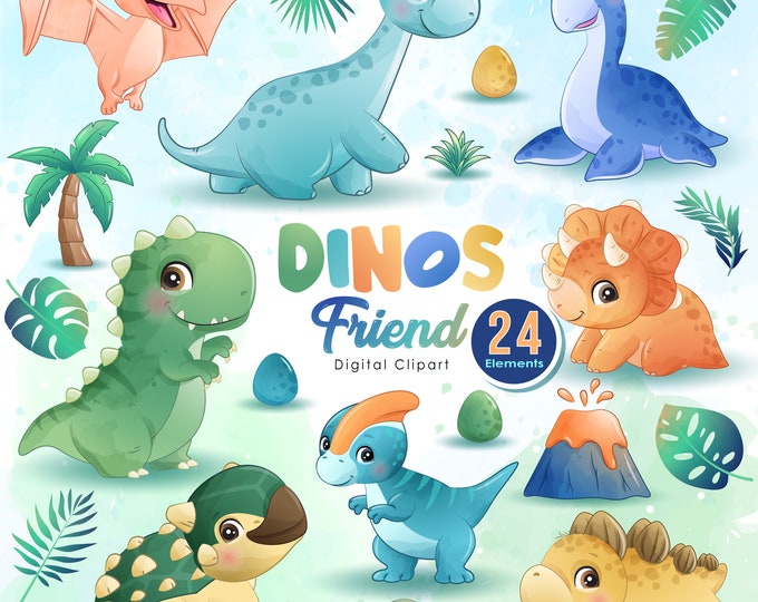 Featured listing image: Doodle dinosaur friends digital clipart with watercolor illustration collection