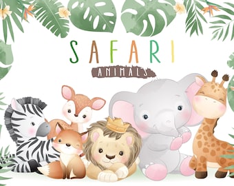 Cute safari animal clipart set with watercolor illustration