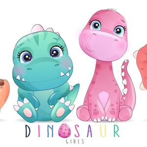 Doodle Dinosaurier Mädchen digitale Clipart mit Aquarell-Illustration-Sammlung. Digitaler Download im PNG-, JPG- & EPS-Format.