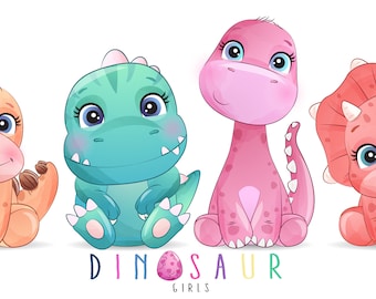 Doodle Dinosaurs Girl digital clipart with watercolor illustration collection. Digital Download in PNG, JPG & EPS format.