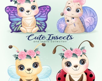 Cute insects and snails clipart with watercolor illustration