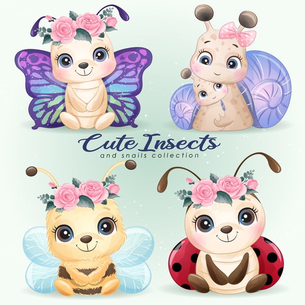 Insectes mignons et clipart d’escargots avec l’illustration d’aquarelle