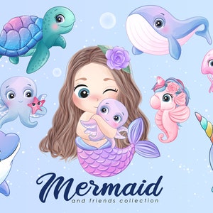 Süße Meerjungfrau und Freunde Clipart mit Aquarell-Illustration