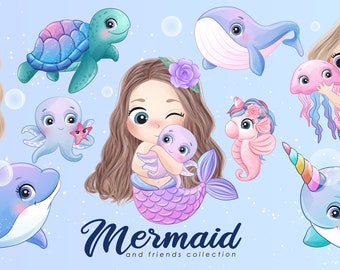 Cute mermaid and friends clipart with watercolor illustration