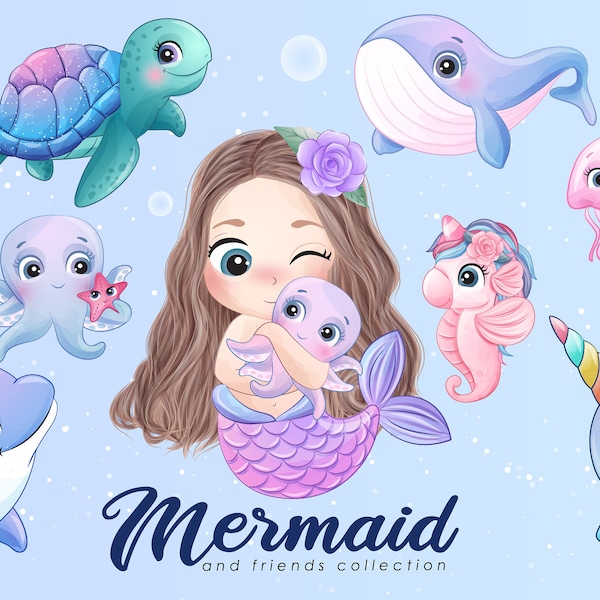 Cute mermaid and friends clipart with watercolor illustration