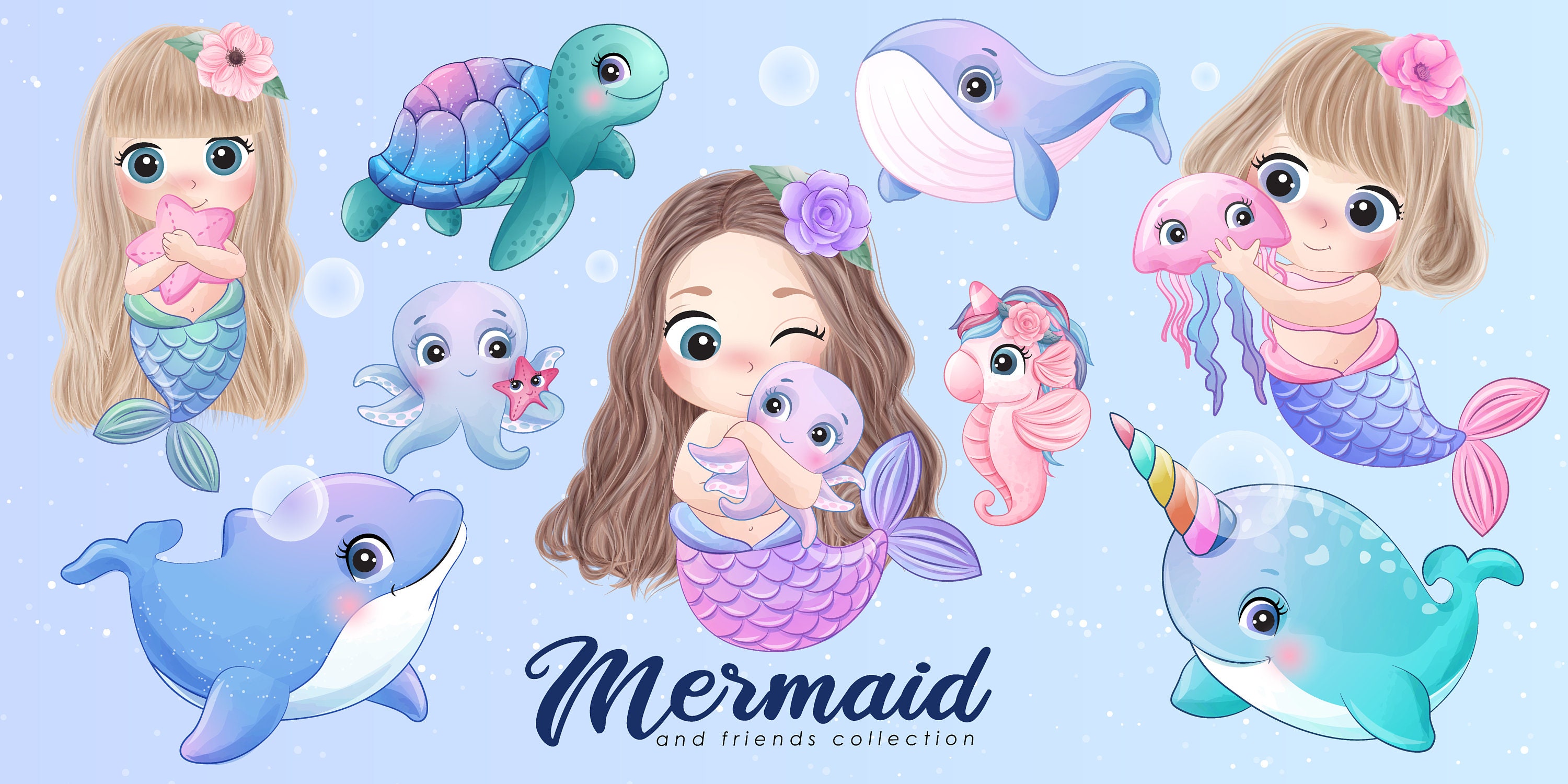 Cute mermaid and friends clipart with watercolor illustration