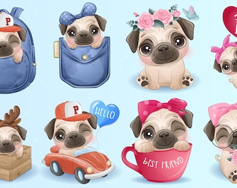 Cute pug life clipart with watercolor illustration