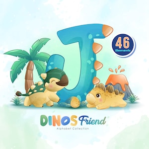 Doodle dinosaurios con conjunto completo de imágenes prediseñadas digitales del alfabeto.