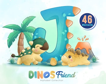 Doodle dinosaurs with full set alphabet digital clipart.