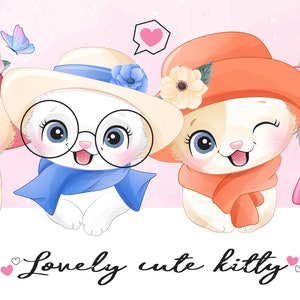 Grazioso set clipart gattino con illustrazione ad acquerello