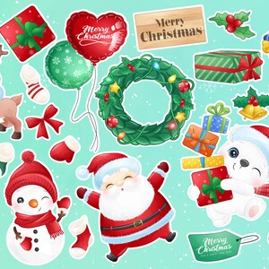 Carino Adesivo di Buon Natale set clipart con illustrazione acquerello