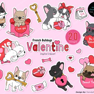 Zestaw cyfrowych clipartów z kolekcji Doodle French Bulldogs Valentine, styl naklejki, możliwość pobrania w formacie PNG, Jpeg, PDF i EPS.