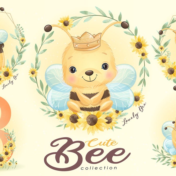 Cute bee clipart set with watercolor illustration