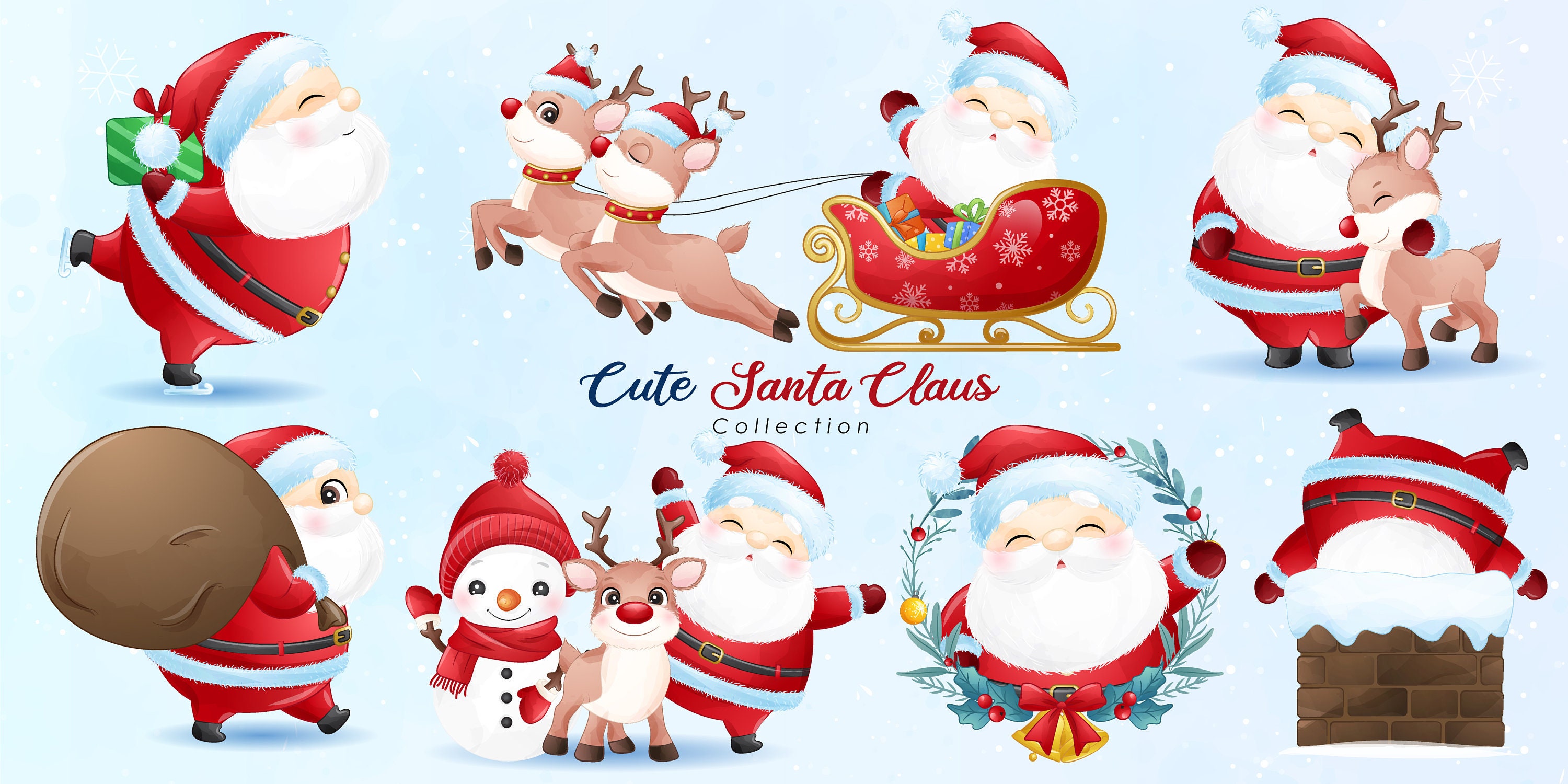 Cute santa claus for merry christmas clipart with watercolor