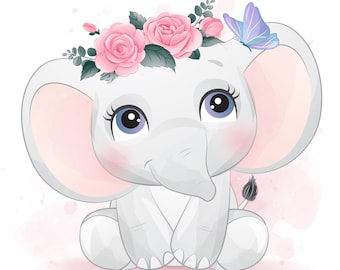Cute elephant clipart with watercolor illustration