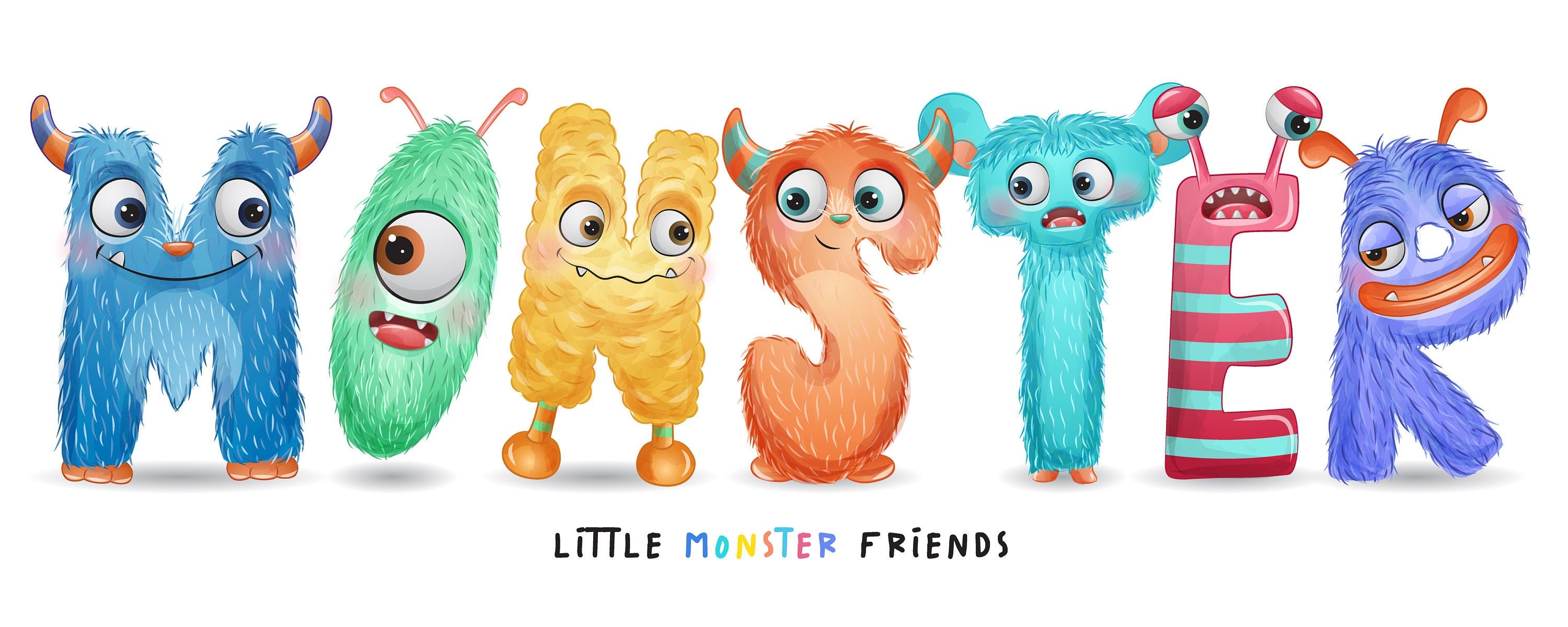 Cute little MONSTER clipart with watercolor illustration