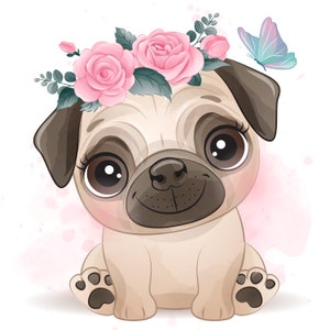 Cute Pug Clipart With Watercolor Illustration | Etsy