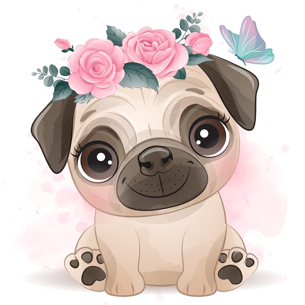 Cute pug clipart with watercolor illustration