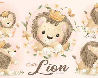 Cute lions clipart set with watercolor illustration