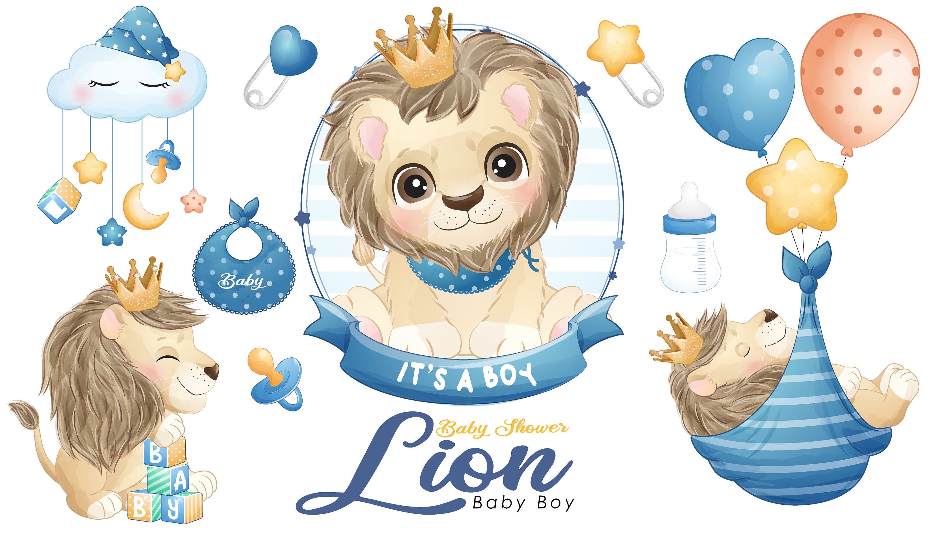 Cute doodle lion baby shower digital clipart collection